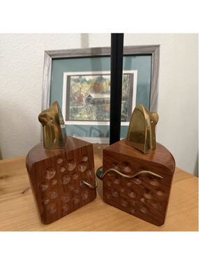 VTG 1960s Pop Art Lee Bernay - Raymor Mouse&Cheese Solid Walnut Brass Bookends